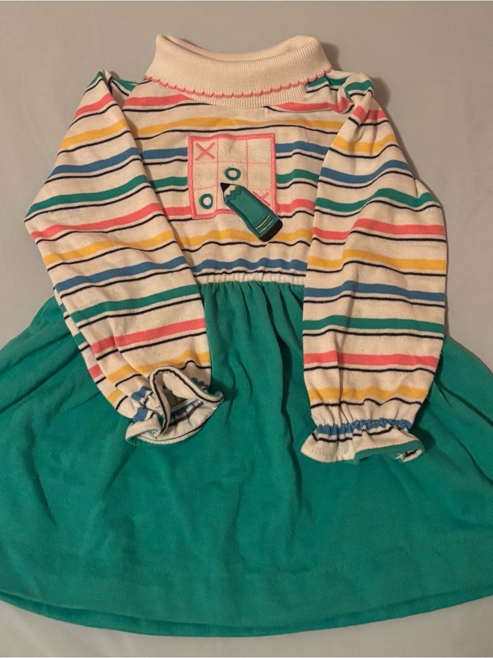 Vintage Striped Long-Sleeve Play Dress with Teal Skirt